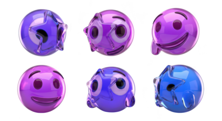 Animated emojis featuring star-shaped design elements and transparent texture arranged on a white background for digital messaging or online content