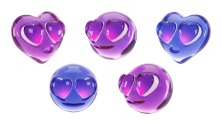 Transparent emoji hearts and spheres with loving eyes in a studio setting used for digital communication and design