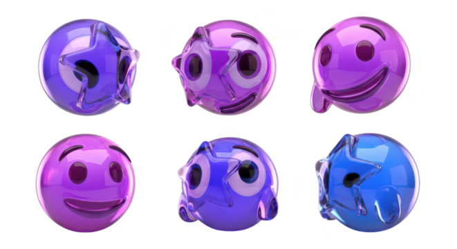 Animated emojis featuring star-shaped design elements and transparent texture arranged on a white background for digital messaging or online content