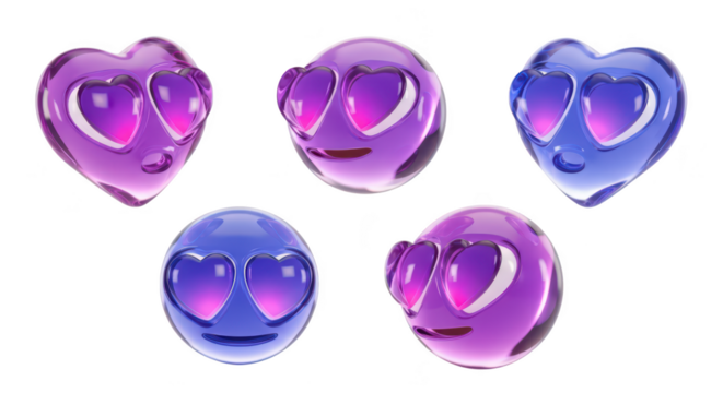 Transparent emoji hearts and spheres with loving eyes in a studio setting used for digital communication and design