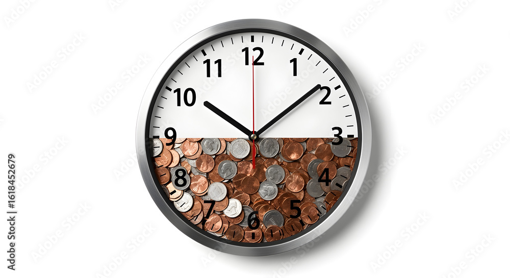 Poster clock blending time and money concepts with financial theme on a isolated white background suitable 