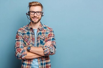 Young man with headset smiling confidently against blue background in casual attire
