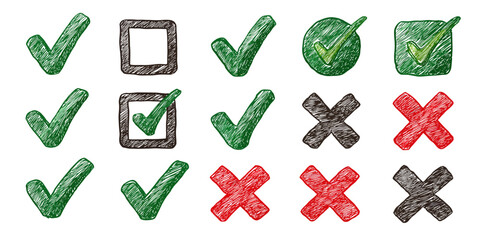 Hand-drawn Checkmarks and Crosses in Green, Red, and Black
