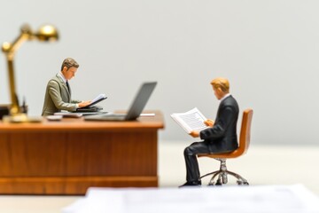 Two miniature businessmen reviewing documents at an office desk.