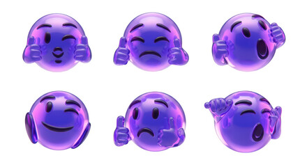 Six vibrant purple emoji characters displaying different positive and negative emotions isolated on a white background for communication and reactions
