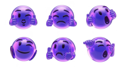 Six vibrant purple emoji characters displaying different positive and negative emotions isolated on a white background for communication and reactions