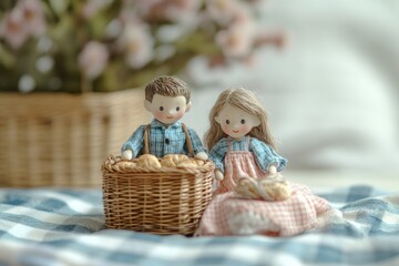 Two adorable handmade dolls, a boy and a girl, carrying baskets of bread, sitting on a picnic blanket.