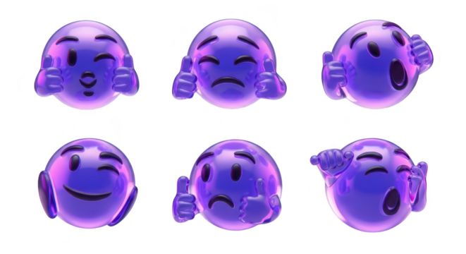 Six vibrant purple emoji characters displaying different positive and negative emotions isolated on a white background for communication and reactions