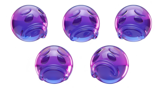 Five 3D rendered purple emojis expressing sadness against white background for use in digital communication or social media