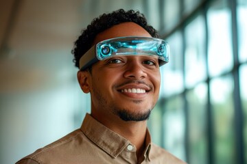 A smiling man wearing futuristic augmented reality glasses, showcasing innovative technology.