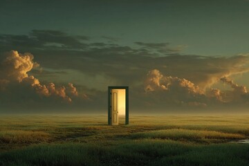 Open door stands alone in vast landscape under dramatic sky at sunset