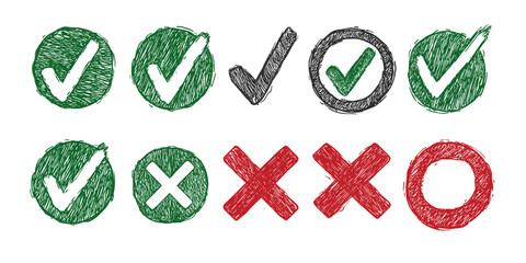 Hand-Drawn Check Marks and Crosses in Green, Black, and Red Colors