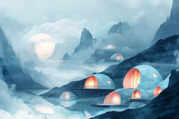Futuristic landscape featuring unique dome-shaped structures illuminated at night, surrounded by misty mountains and a serene body of water, creating a tranquil and ethereal atmosphere
