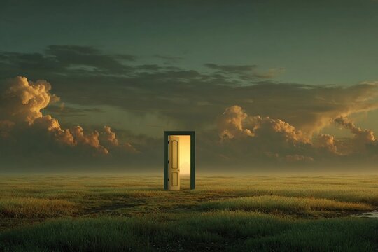 Open door stands alone in vast landscape under dramatic sky at sunset - Powered by Adobe