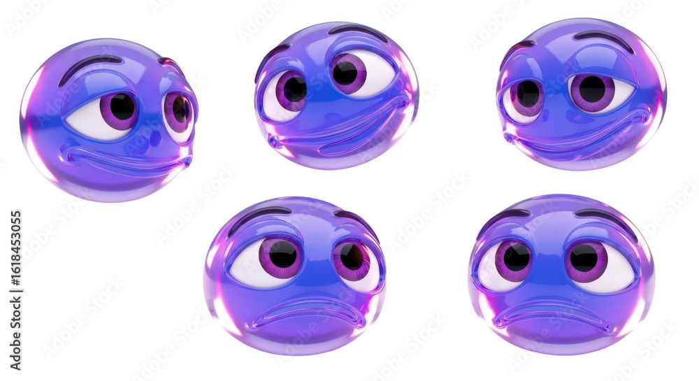 Poster 3d purple emoji expressions on white displaying various moods for social media digital content and u
