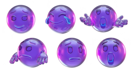Rendered purple emoji characters expressing varied emotions against a white background suitable for digital design and communication