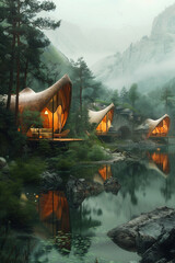 Unique architectural structures resembling organic forms are nestled by a serene lake, surrounded by lush greenery and misty mountains, creating a tranquil and harmonious natural environment