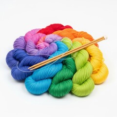 rainbow yarn on white background, knitting and crafting resource image