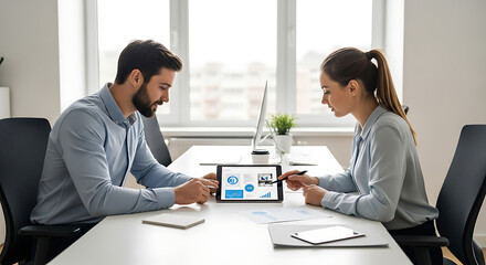 Two business colleagues sitting at a desk, analyzing charts and graphs on a digital tablet during a meeting.