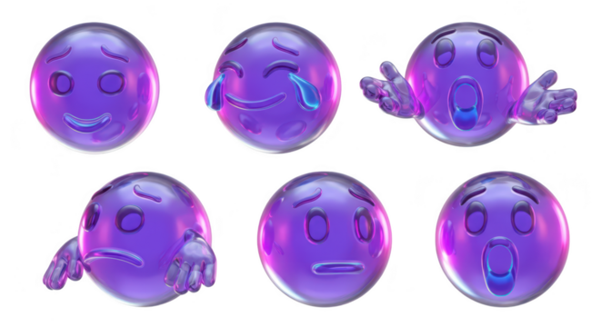 Rendered purple emoji characters expressing varied emotions against a white background suitable for digital design and communication - Powered by Adobe