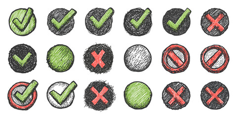 Hand-Drawn Check Marks and Crosses in Scribbled Circles, Various Styles