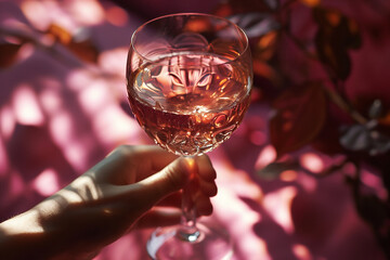 Hand holding a crystal wine glass filled with pink beverage, surrounded by soft shadows and vibrant foliage, creating an elegant and inviting atmosphere for relaxation and enjoyment