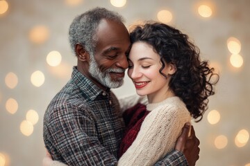An older Black man and a younger white woman embrace, eyes closed, in front of a bokeh background of warm lights.