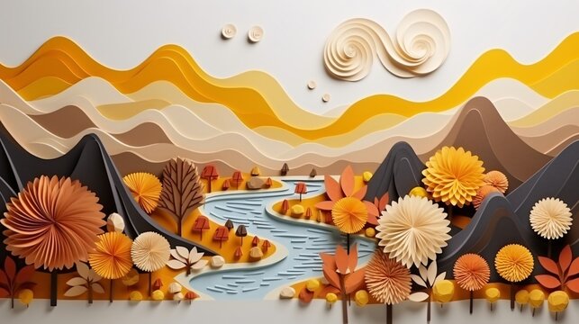 Paper landscape with mountains, river, trees - Powered by Adobe