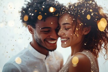 A joyful couple embraces amidst falling gold confetti, celebrating love and happiness.