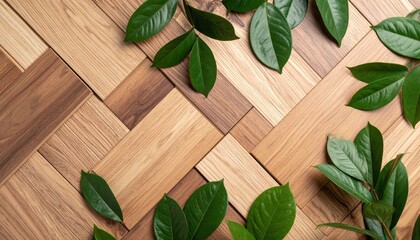 Fresh Green Leaves On Wooden Patterned Surface