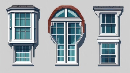 Obraz premium Three distinct window styles bay arched and stacked rendered in a modern illustration