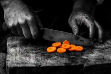 A chef's hands expertly slice carrots on a rustic wooden board with a worn knife.