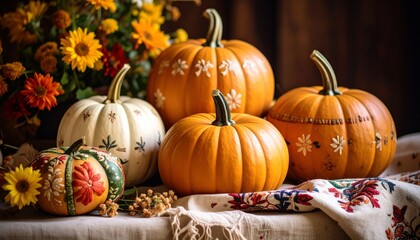 A cozy autumn display featuring beautifully painted pumpkins and vibrant flowers, creating a warm seasonal ambiance.