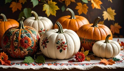 A collection of beautifully decorated pumpkins in various sizes, surrounded by autumn leaves and floral accents, creating a warm, seasonal ambiance.
