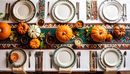 A beautifully arranged autumn table setting with various pumpkins, decorative elements, and elegant plates, perfect for a festive meal.