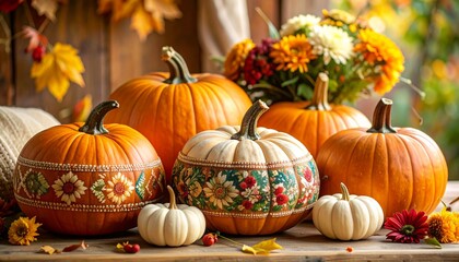 A vibrant display of decorative pumpkins surrounded by colorful flowers, creating a warm autumn atmosphere.