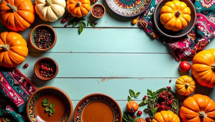 A vibrant autumn display featuring various pumpkins, spices, and decorative bowls on a teal wooden surface, evoking a cozy seasonal atmosphere.