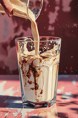 Pouring creamy beverage into a clear glass, creating swirls of color as it mixes with dark liquid, showcasing a refreshing drink experience with vibrant visual appeal and dynamic motion