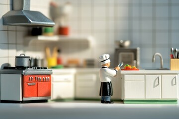 A miniature chef prepares a meal in a meticulously detailed model kitchen.