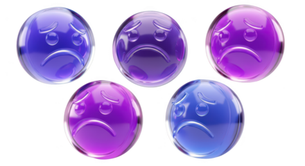 Glass sphere sad emoticons displaying various colors arranged on a white background; used for emotion concepts