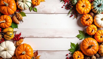 A vibrant arrangement of pumpkins and gourds on a rustic wooden surface, capturing the essence of autumn and harvest festivities.