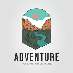 Modern Line Art Adventure Landscape with River and Mountains in Frame Icon