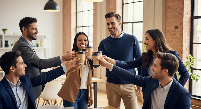 A diverse group of smiling business colleagues toasting with coffee cups in a modern office.