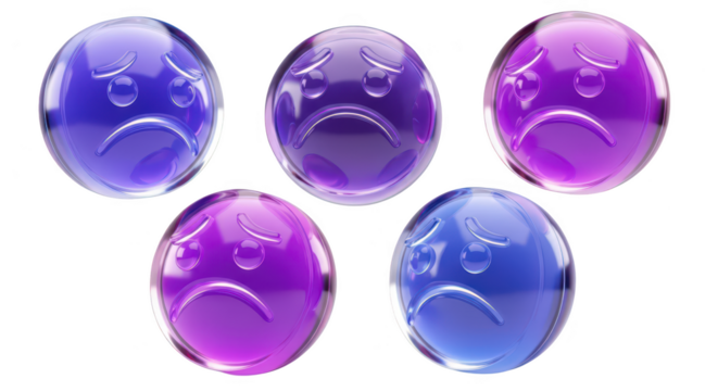 Glass sphere sad emoticons displaying various colors arranged on a white background; used for emotion concepts