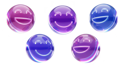 3D translucent smiling spheres floating against a bright white background representing joy and positivity Suitable for digital design and social media