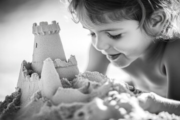 A toddler engrossed in building a magnificent sandcastle on a sunny beach.