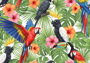 Vibrant tropical pattern with colorful parrots and lush green foliage