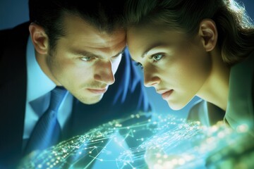 A man and woman intently examine a glowing digital network, signifying collaboration and technological innovation.