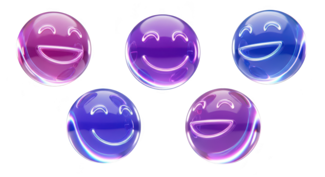 3D translucent smiling spheres floating against a bright white background representing joy and positivity Suitable for digital design and social media