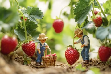 Two miniature farmers harvest ripe red strawberries in a lush green strawberry patch.